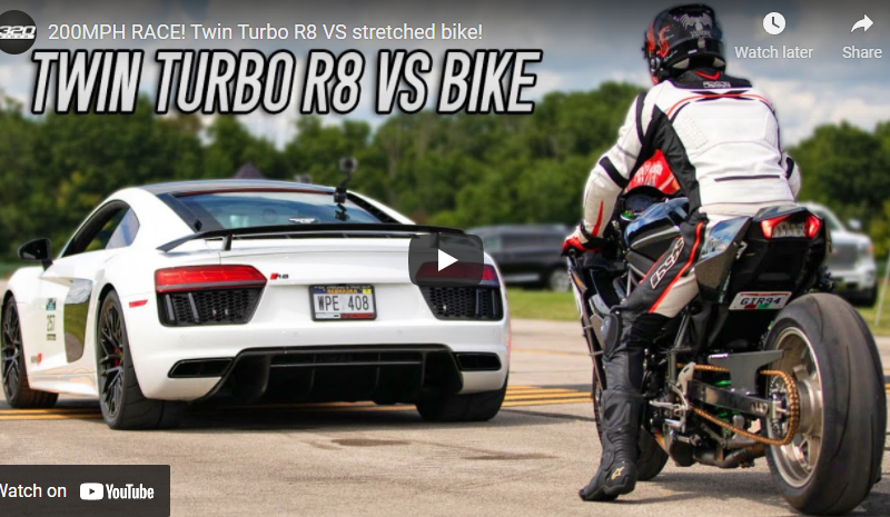 200MPH RACE! Twin Turbo R8 VS stretched bike!