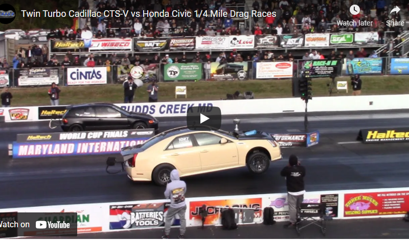 Twin Turbo Cadillac CTS-V vs Honda Civic 1/4 Mile Drag Races